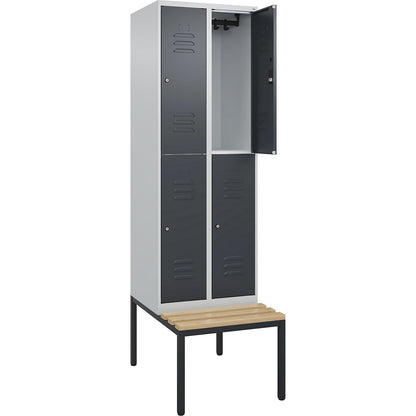 Classic PLUS bench seat double deck clothes locker, 2 compartments, light grey/grey, W 600 mm, cylinder lock, base frame, beech hardwood.
