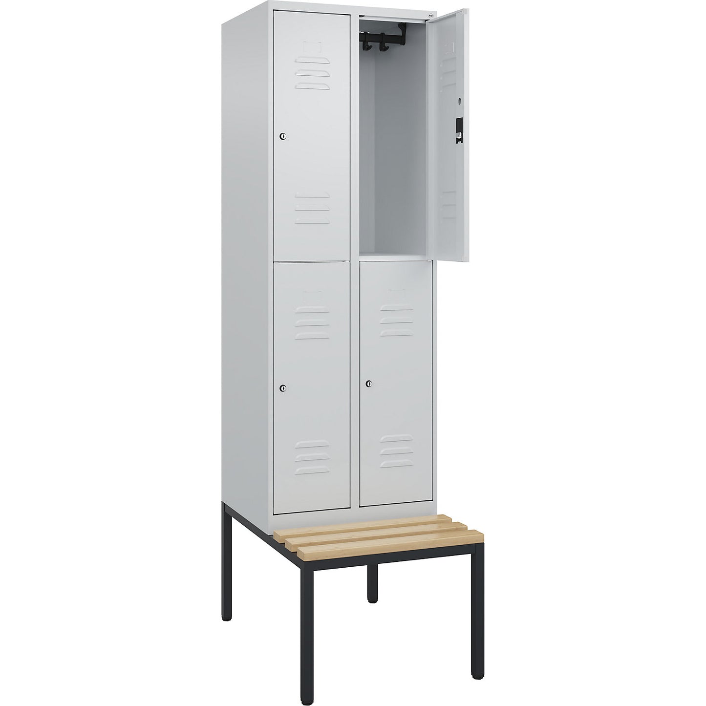 Classic PLUS bench seat double deck clothes locker, 2 compartments, light grey, W 600 mm, cylinder lock, base frame, beech hardwood.