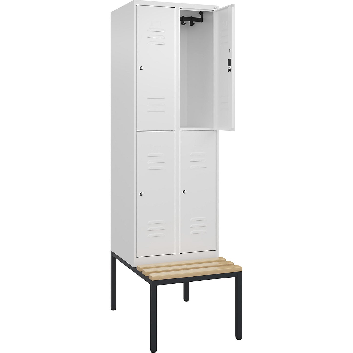Classic PLUS bench seat double deck clothes locker, 2 compartments, traffic white, W 600 mm, cylinder lock, base frame, beech hardwood.