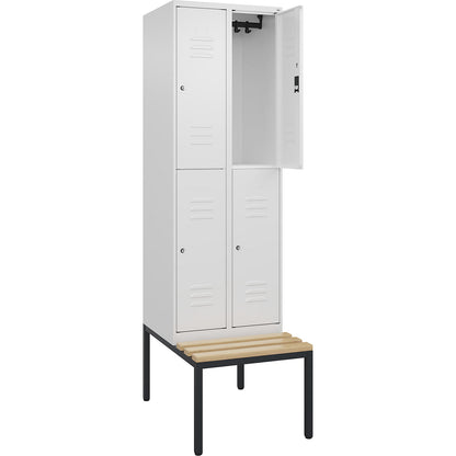 Classic PLUS bench seat double deck clothes locker, 2 compartments, traffic white, W 600 mm, cylinder lock, base frame, beech hardwood.