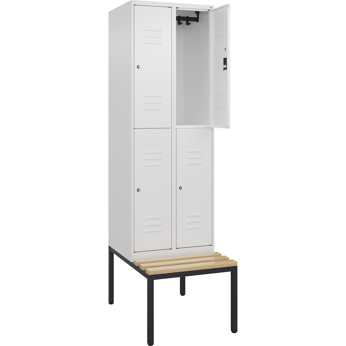 Classic PLUS bench seat double deck clothes locker, 2 compartments, traffic white, W 600 mm, cylinder lock, base frame, beech hardwood.