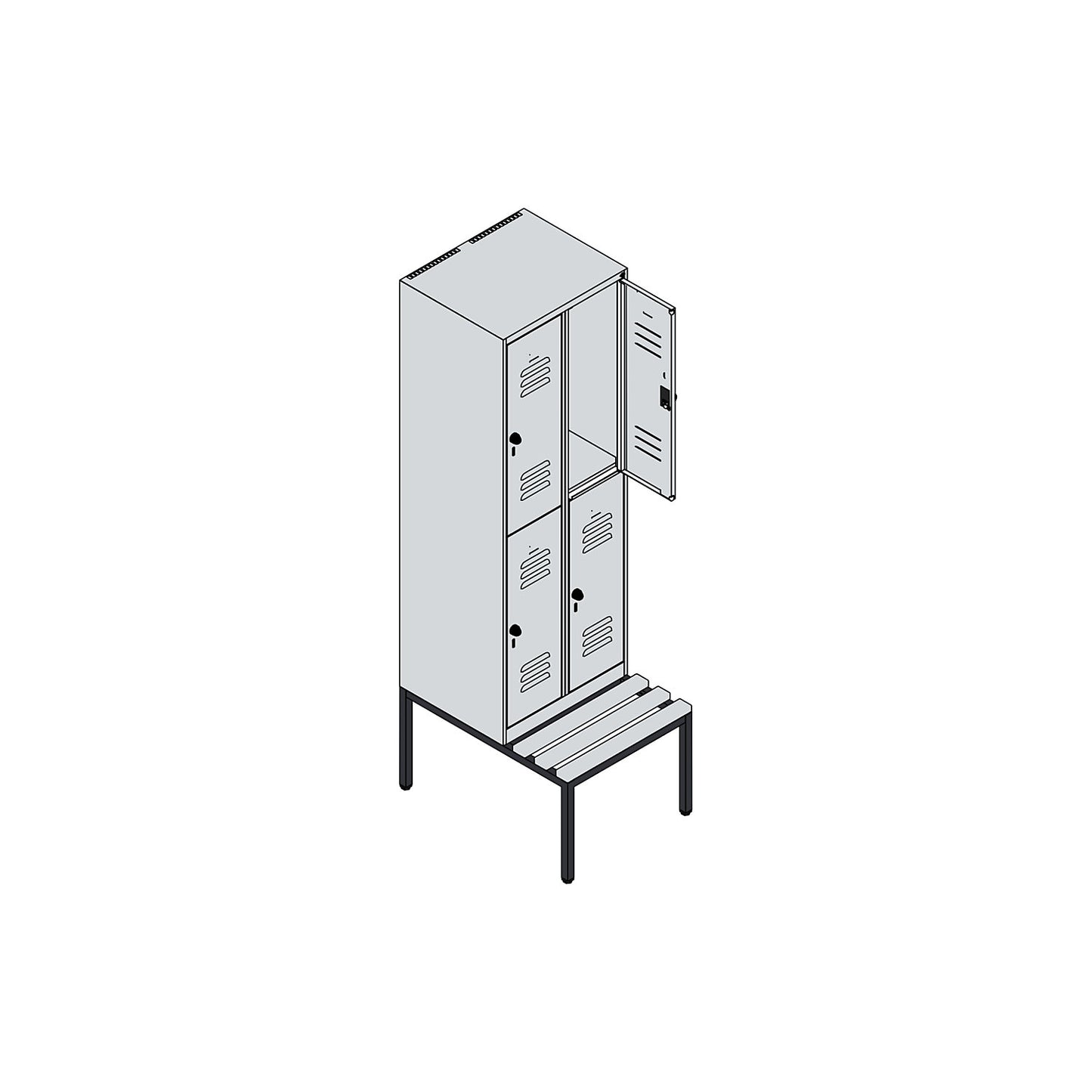 Classic PLUS bench seat double deck clothes locker, 2 compartments, light grey/grey, W 600 mm, security rotary bolt, base frame, beech hardwood.