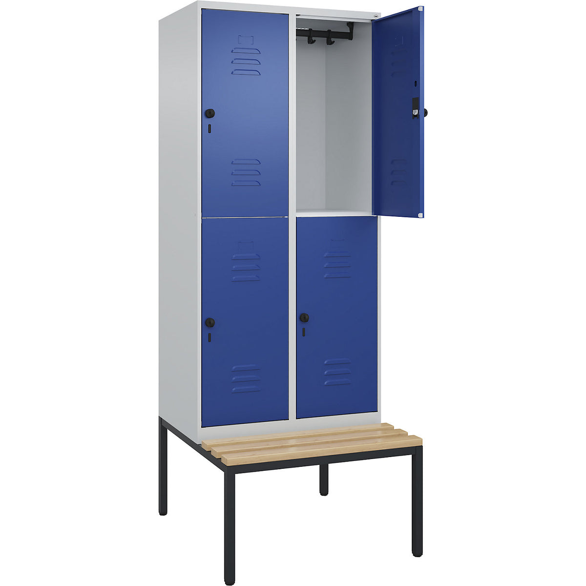 Classic PLUS bench seat double deck clothes locker, 2 compartments, light grey/gentian blue, W 800 mm, security rotary bolt, base frame, beech hardwood.