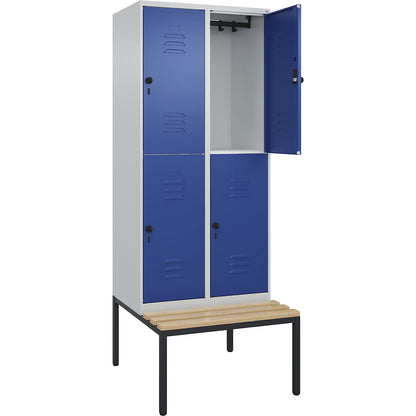 Classic PLUS bench seat double deck clothes locker, 2 compartments, light grey/gentian blue, W 800 mm, security rotary bolt, base frame, beech hardwood.