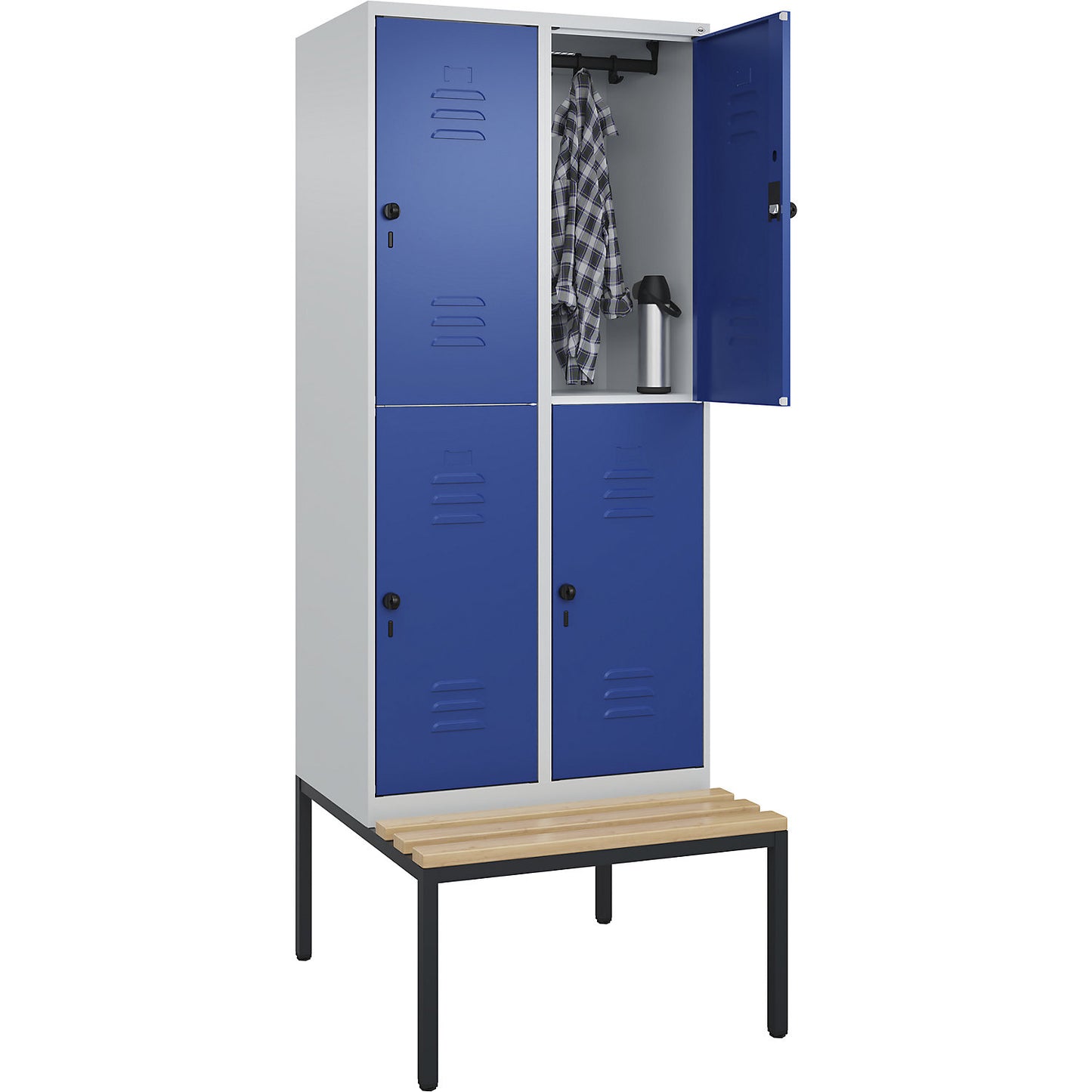 Classic PLUS bench seat double deck clothes locker, 2 compartments, light grey/gentian blue, W 800 mm, security rotary bolt, base frame, beech hardwood.