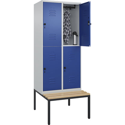 Classic PLUS bench seat double deck clothes locker, 2 compartments, light grey/gentian blue, W 800 mm, security rotary bolt, base frame, beech hardwood.