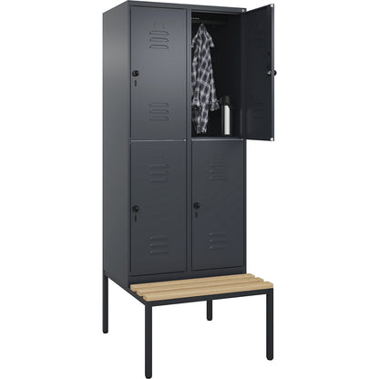 Classic PLUS bench seat double deck clothes locker, 2 compartments, grey, W 800 mm, security rotary bolt, base frame, beech hardwood.