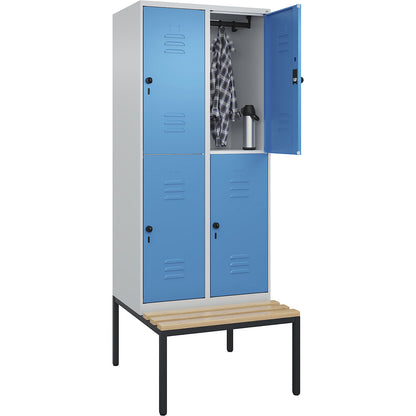 Classic PLUS bench seat double deck clothes locker, 2 compartments, light grey/light blue, W 800 mm, security rotary bolt, base frame, beech hardwood.