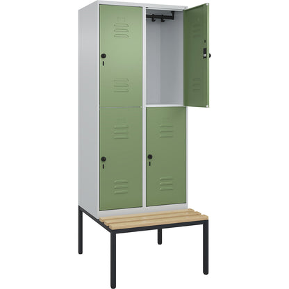 Classic PLUS bench seat double deck clothes locker, 2 compartments, light grey/reseda green, W 800 mm, security rotary bolt, base frame, beech hardwood.