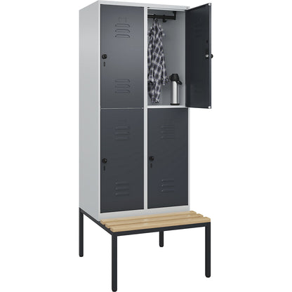 Classic PLUS bench seat double deck clothes locker, 2 compartments, light grey/grey, W 800 mm, security rotary bolt, base frame, beech hardwood.