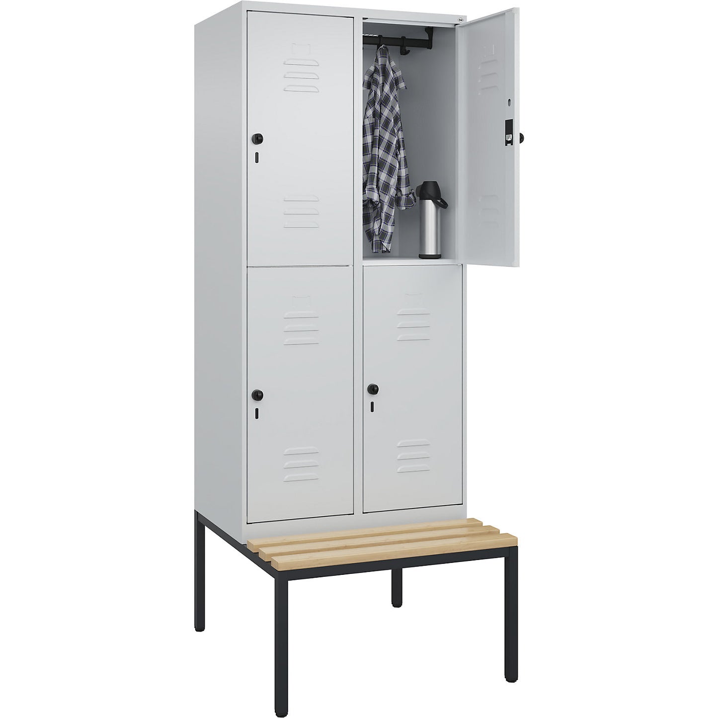 Classic PLUS bench seat double deck clothes locker, 2 compartments, light grey, W 800 mm, security rotary bolt, base frame, beech hardwood.