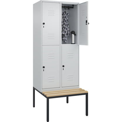 Classic PLUS bench seat double deck clothes locker, 2 compartments, light grey, W 800 mm, security rotary bolt, base frame, beech hardwood.