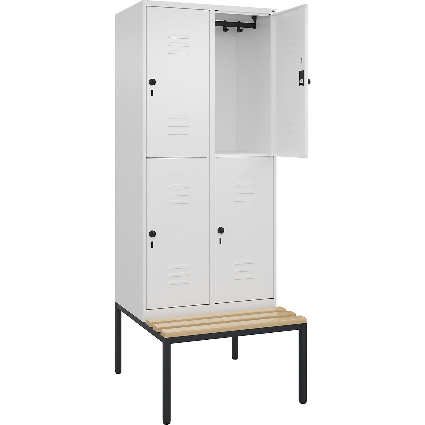 Classic PLUS bench seat double deck clothes locker, 2 compartments, traffic white, W 800 mm, security rotary bolt, base frame, beech hardwood.