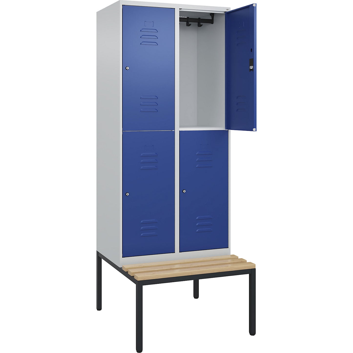 Classic PLUS bench seat double deck clothes locker, 2 compartments, light grey/gentian blue, W 800 mm, cylinder lock, base frame, beech hardwood.