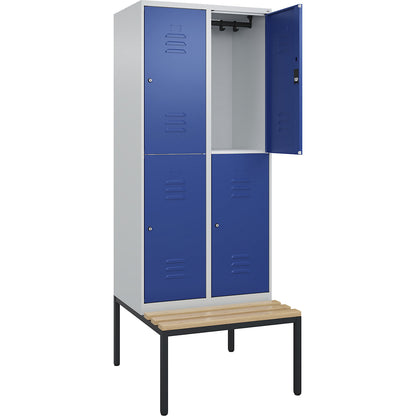 Classic PLUS bench seat double deck clothes locker, 2 compartments, light grey/gentian blue, W 800 mm, cylinder lock, base frame, beech hardwood.