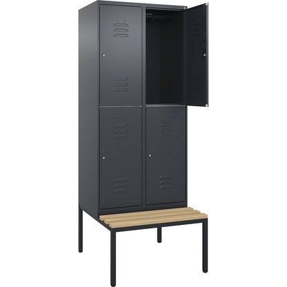 Classic PLUS bench seat double deck clothes locker, 2 compartments, grey, W 800 mm, cylinder lock, base frame, beech hardwood.