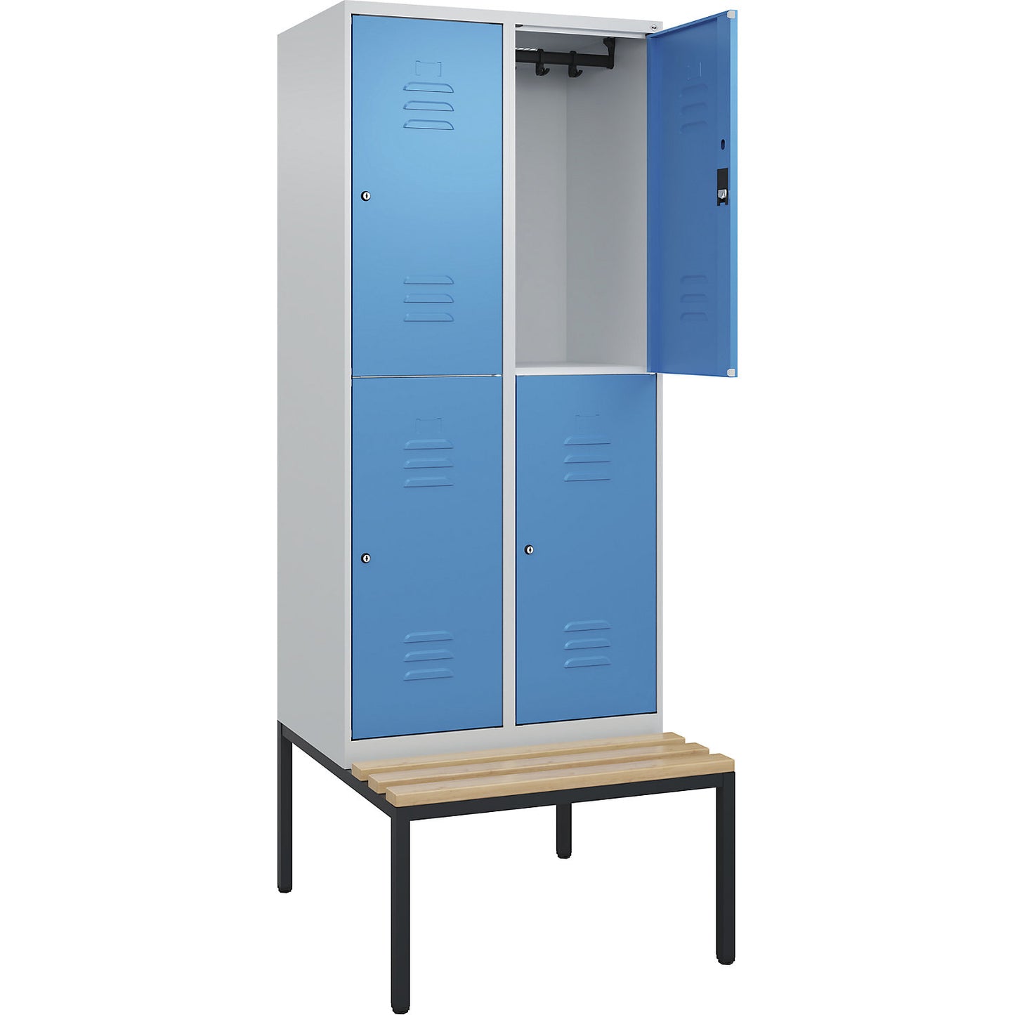 Classic PLUS bench seat double deck clothes locker, 2 compartments, light grey/light blue, W 800 mm, cylinder lock, base frame, beech hardwood.