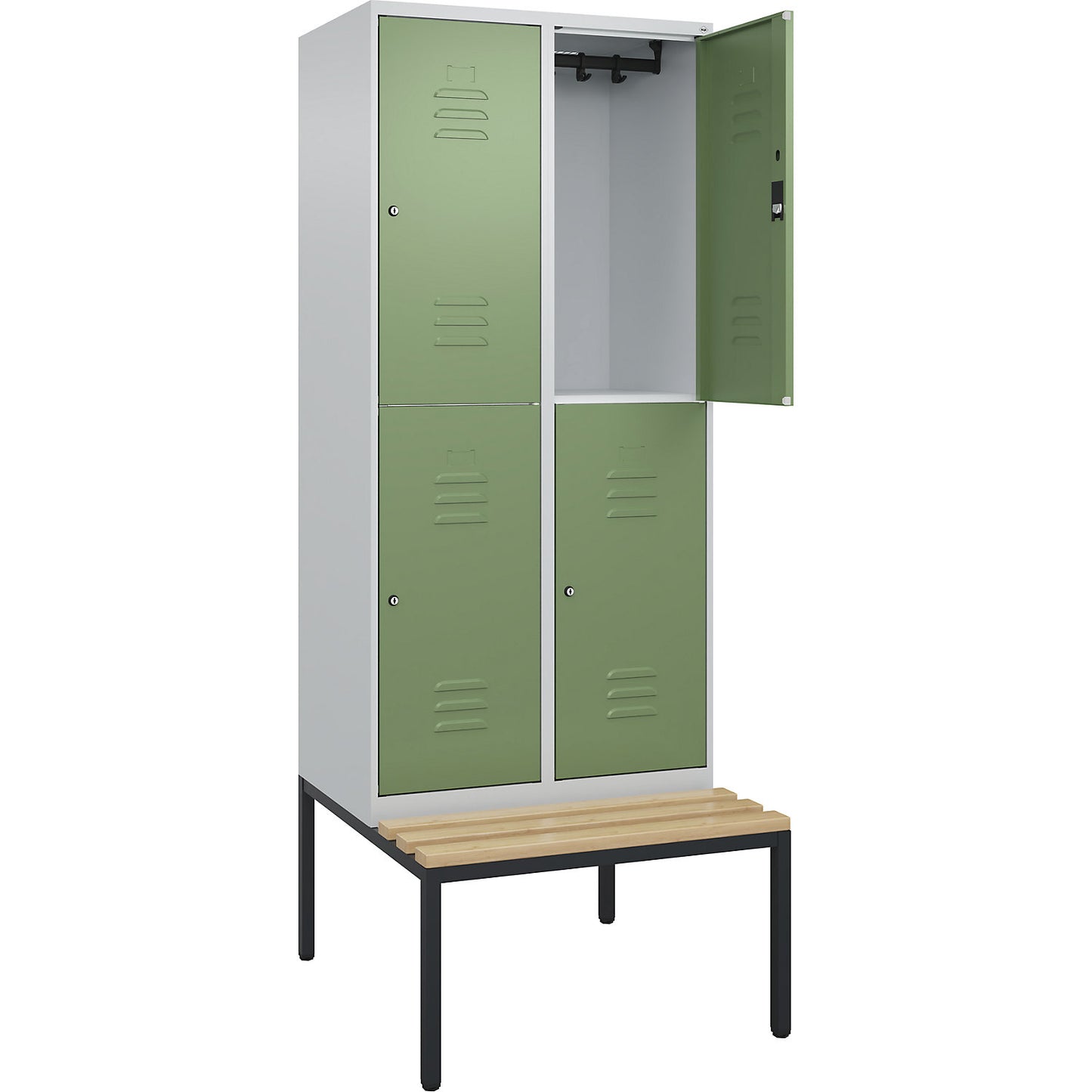 Classic PLUS bench seat double deck clothes locker, 2 compartments, light grey/reseda green, W 800 mm, cylinder lock, base frame, beech hardwood.