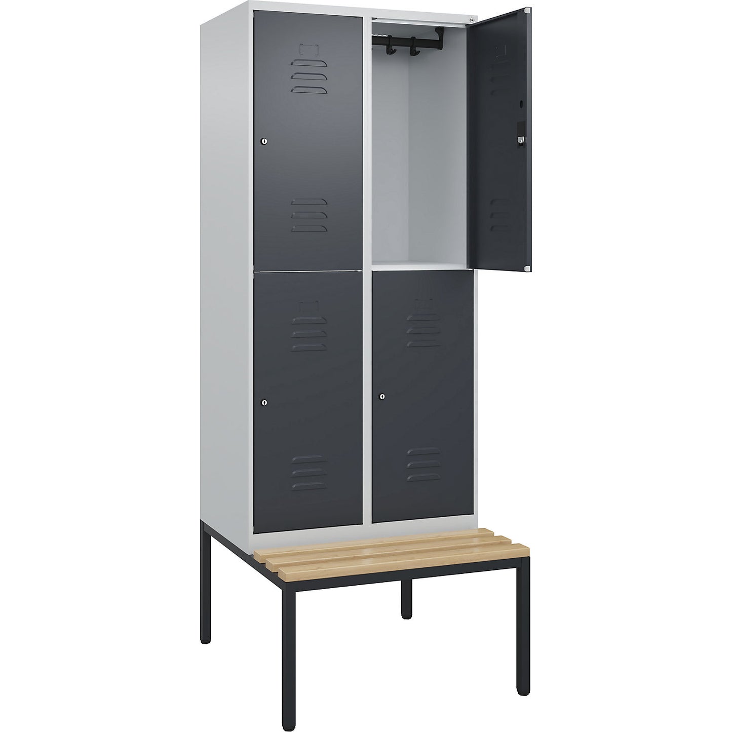 Classic PLUS bench seat double deck clothes locker, 2 compartments, light grey/grey, W 800 mm, cylinder lock, base frame, beech hardwood.