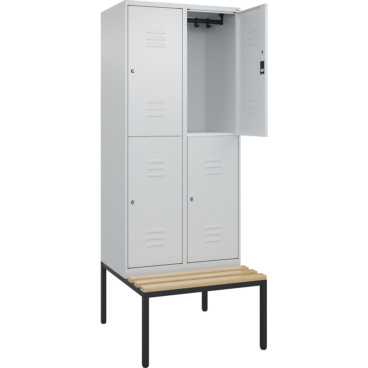 Classic PLUS bench seat double deck clothes locker, 2 compartments, light grey, W 800 mm, cylinder lock, base frame, beech hardwood.