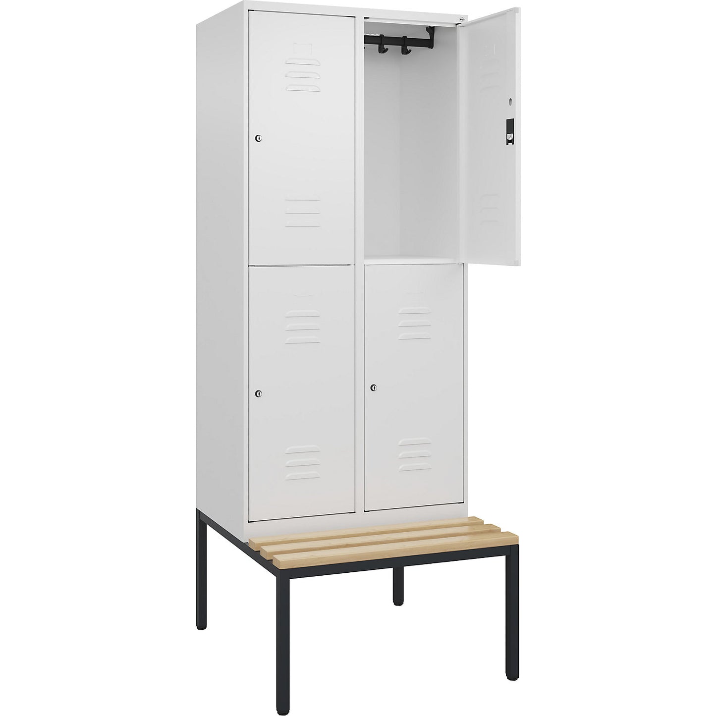 Classic PLUS bench seat double deck clothes locker, 2 compartments, traffic white, W 800 mm, cylinder lock, base frame, beech hardwood.