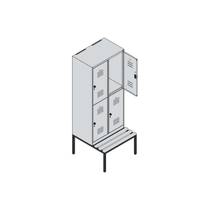 Classic PLUS bench seat double deck clothes locker, 2 compartments, light grey/light blue, W 800 mm, security rotary bolt, base frame, beech hardwood.