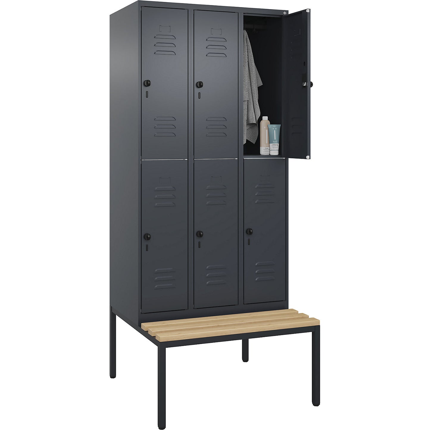 Classic PLUS bench seat double deck clothes locker, 3 compartments, grey, W 900 mm, security rotary bolt, base frame, beech hardwood.