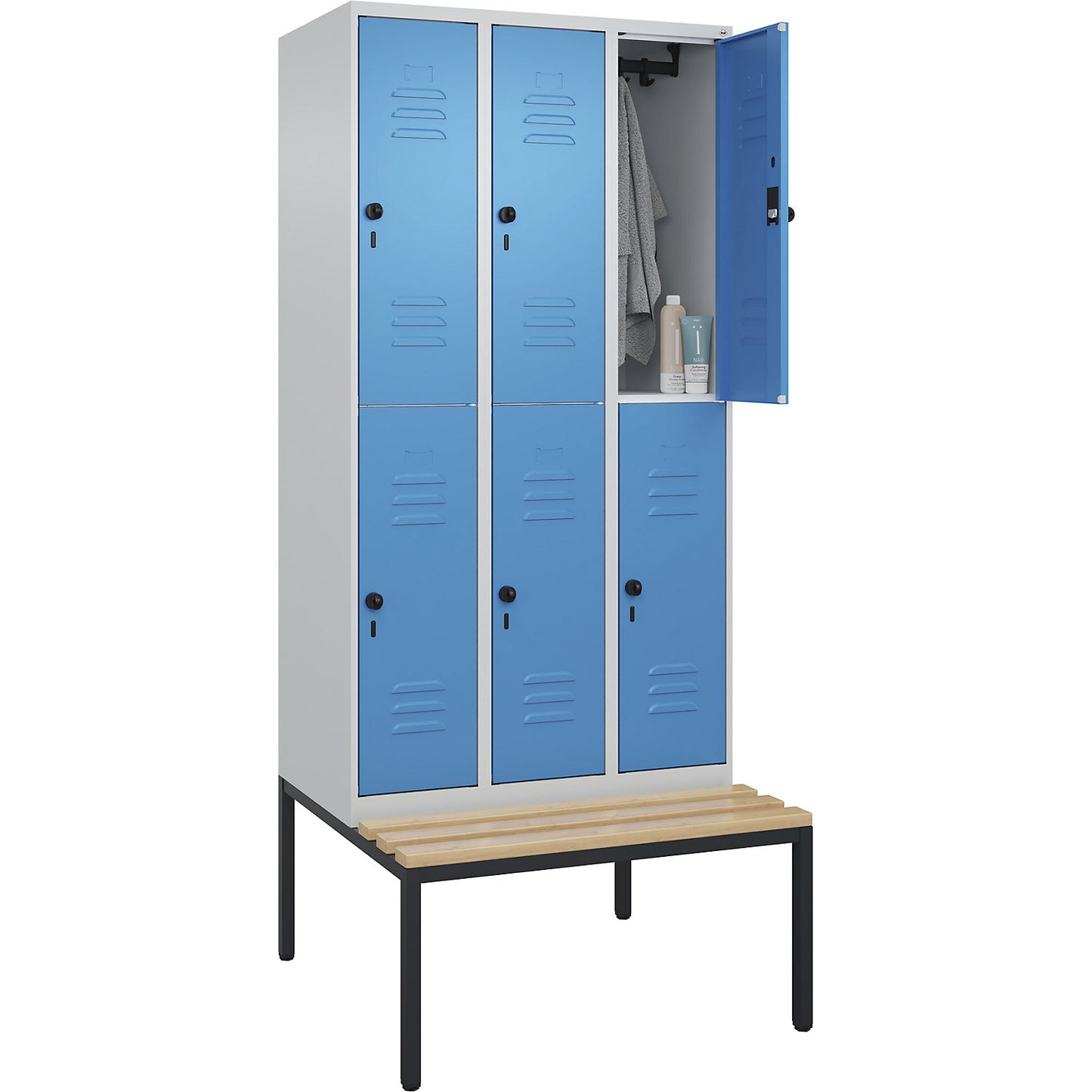 Classic PLUS bench seat double deck clothes locker, 3 compartments, light grey/light blue, W 900 mm, security rotary bolt, base frame, beech hardwood.