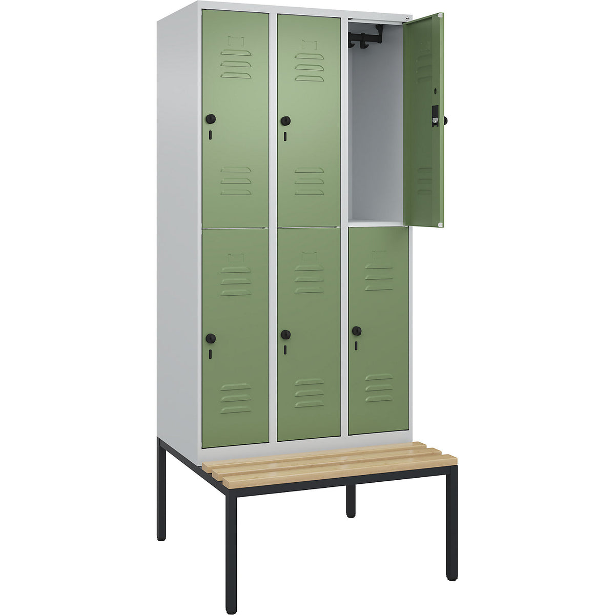 Classic PLUS bench seat double deck clothes locker, 3 compartments, light grey/reseda green, W 900 mm, security rotary bolt, base frame, beech hardwood.