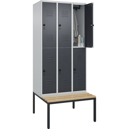 Classic PLUS bench seat double deck clothes locker, 3 compartments, light grey/grey, W 900 mm, security rotary bolt, base frame, beech hardwood.
