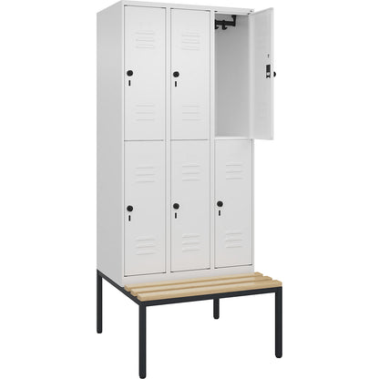 Classic PLUS bench seat double deck clothes locker, 3 compartments, traffic white, W 900 mm, security rotary bolt, base frame, beech hardwood.