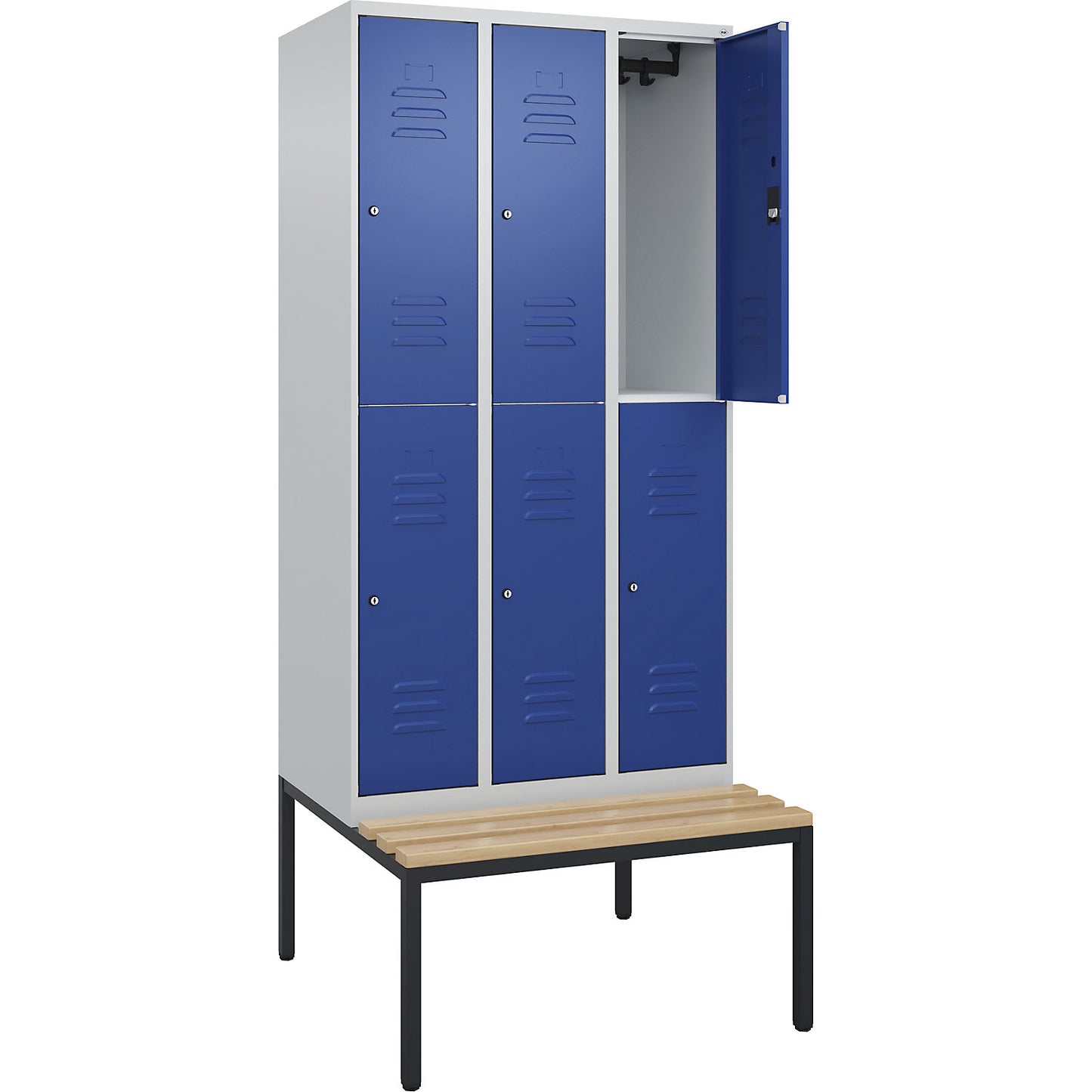 Classic PLUS bench seat double deck clothes locker, 3 compartments, light grey/gentian blue, W 900 mm, cylinder lock, base frame, beech hardwood.