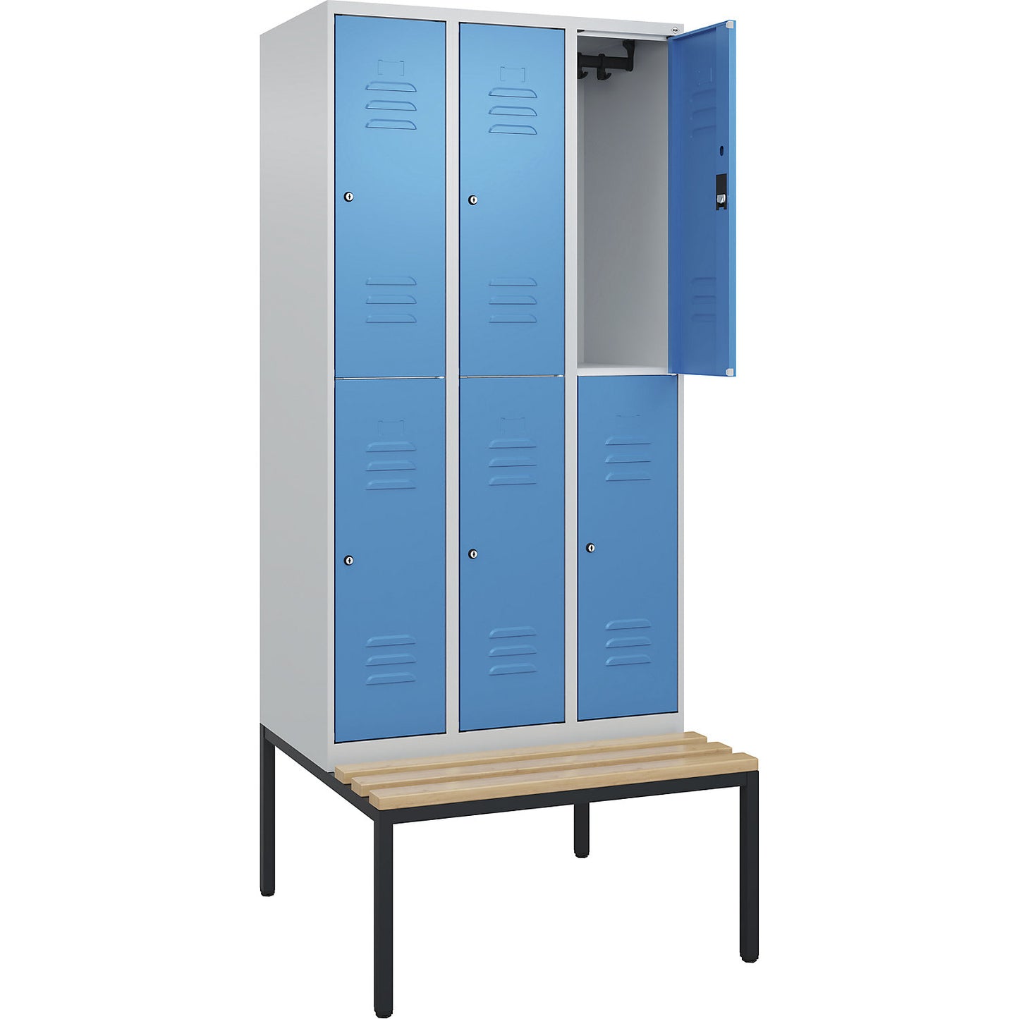 Classic PLUS bench seat double deck clothes locker, 3 compartments, light grey/light blue, W 900 mm, cylinder lock, base frame, beech hardwood.