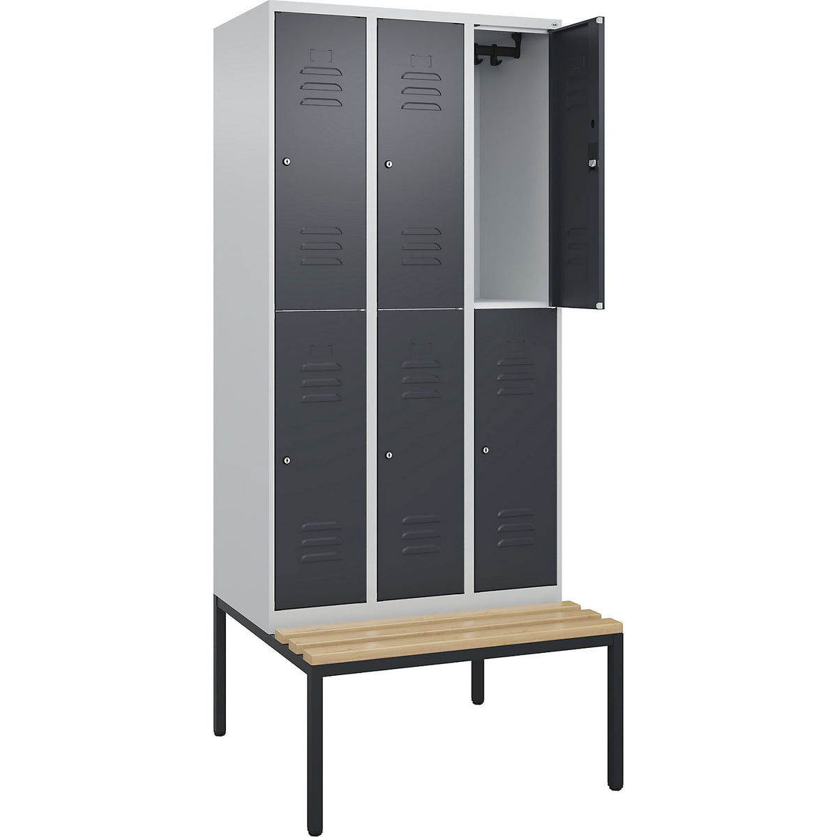 Classic PLUS bench seat double deck clothes locker, 3 compartments, light grey/grey, W 900 mm, cylinder lock, base frame, beech hardwood.