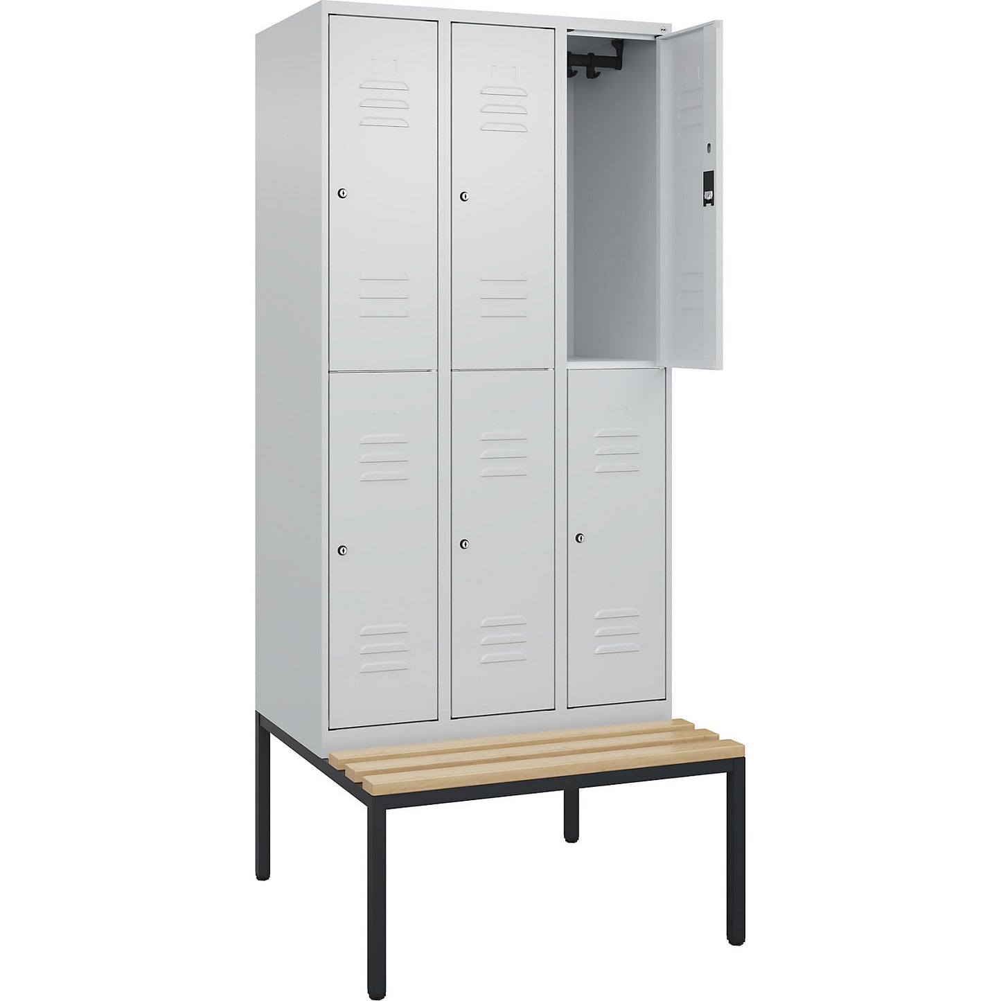 Classic PLUS bench seat double deck clothes locker, 3 compartments, light grey, W 900 mm, cylinder lock, base frame, beech hardwood.