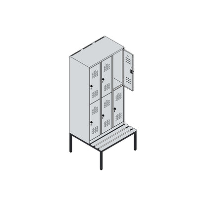 Classic PLUS bench seat double deck clothes locker, 3 compartments, light grey/gentian blue, W 900 mm, security rotary bolt, base frame, beech hardwood.