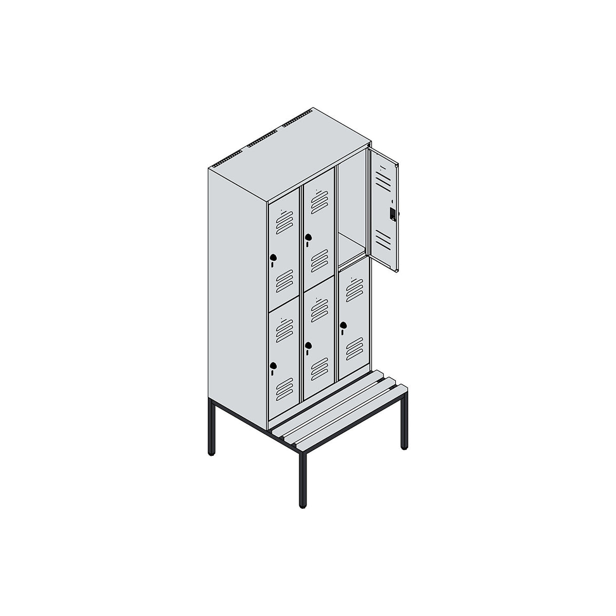 Classic PLUS bench seat double deck clothes locker, 3 compartments, light grey/reseda green, W 900 mm, security rotary bolt, base frame, beech hardwood.