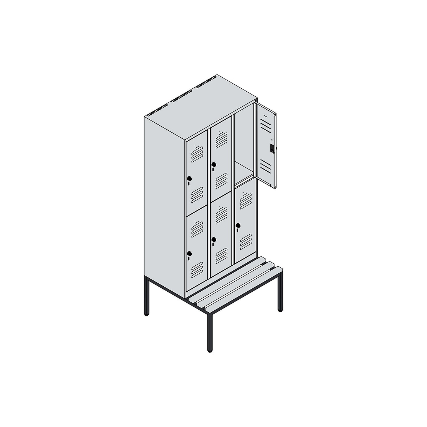 Classic PLUS bench seat double deck clothes locker, 3 compartments, traffic white, W 900 mm, security rotary bolt, base frame, beech hardwood.