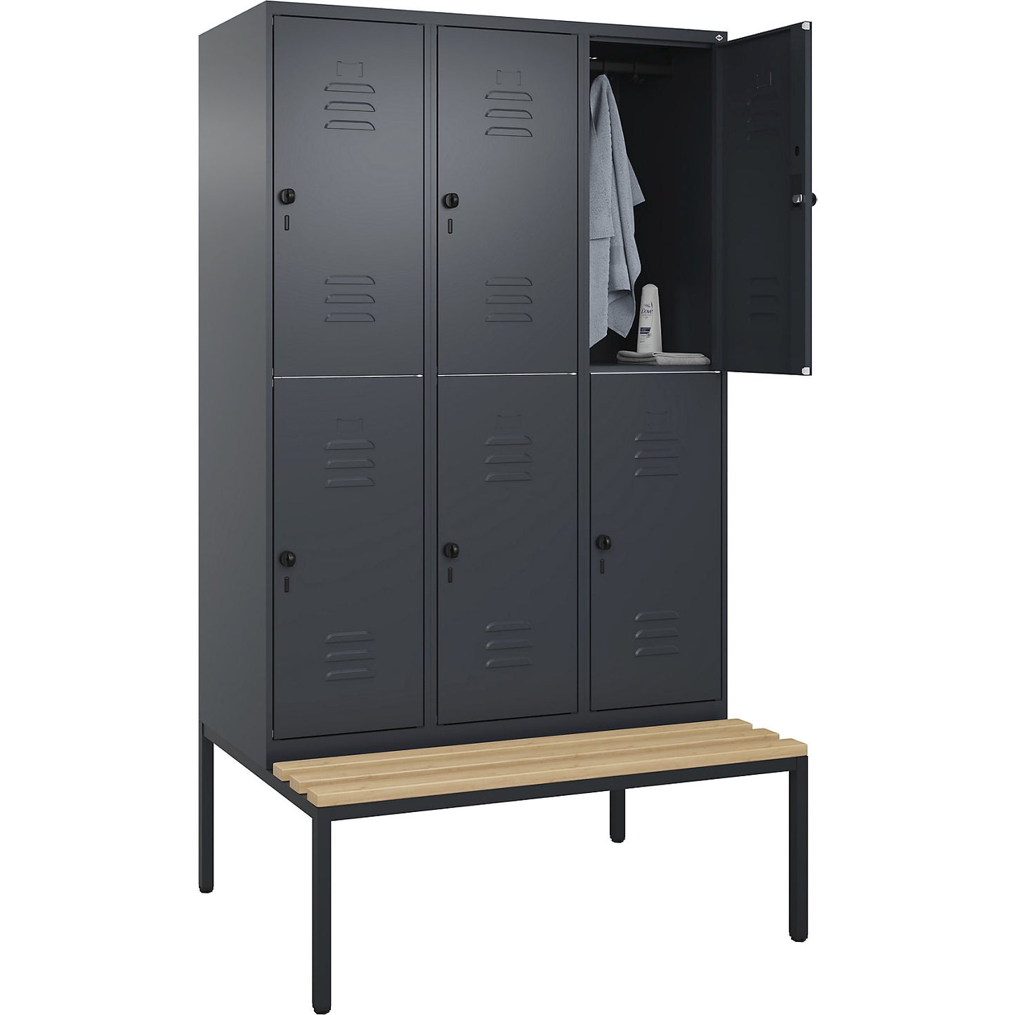 Classic PLUS bench seat double deck clothes locker, 3 compartments, grey, W 1200 mm, security rotary bolt, base frame, beech hardwood.
