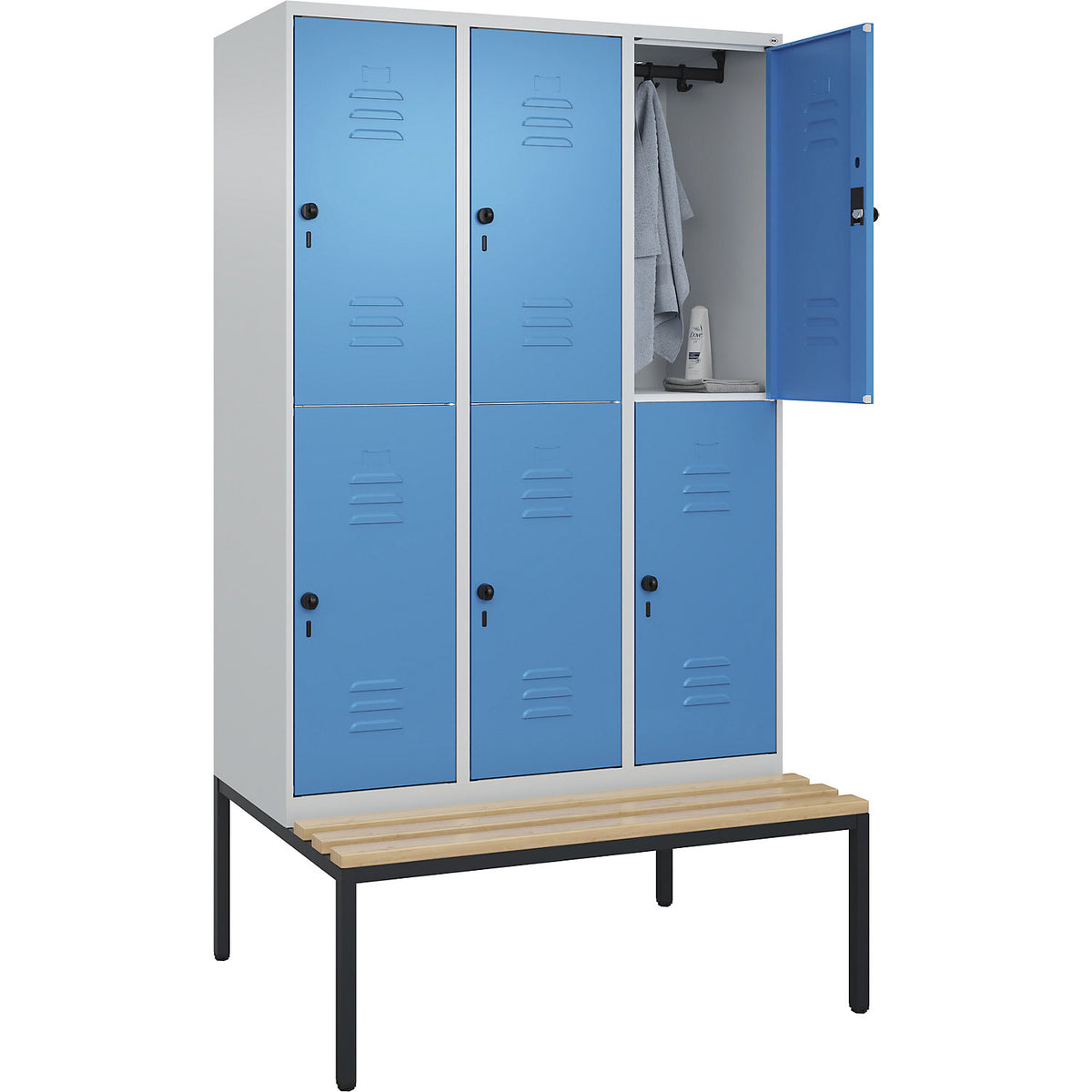 Classic PLUS bench seat double deck clothes locker, 3 compartments, light grey/light blue, W 1200 mm, security rotary bolt, base frame, beech hardwood.