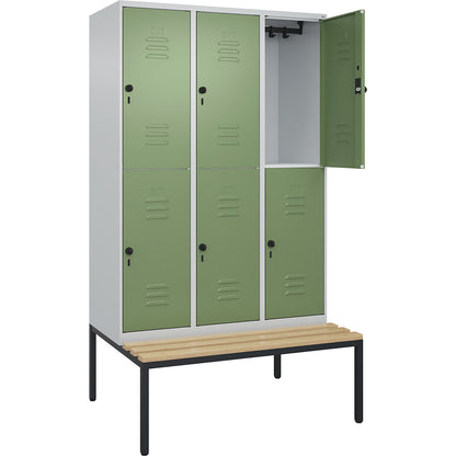 Classic PLUS bench seat double deck clothes locker, 3 compartments, light grey/reseda green, W 1200 mm, security rotary bolt, base frame, beech hardwood.