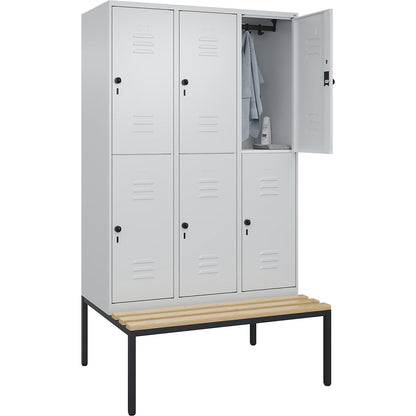 Classic PLUS bench seat double deck clothes locker, 3 compartments, light grey, W 1200 mm, security rotary bolt, base frame, beech hardwood.