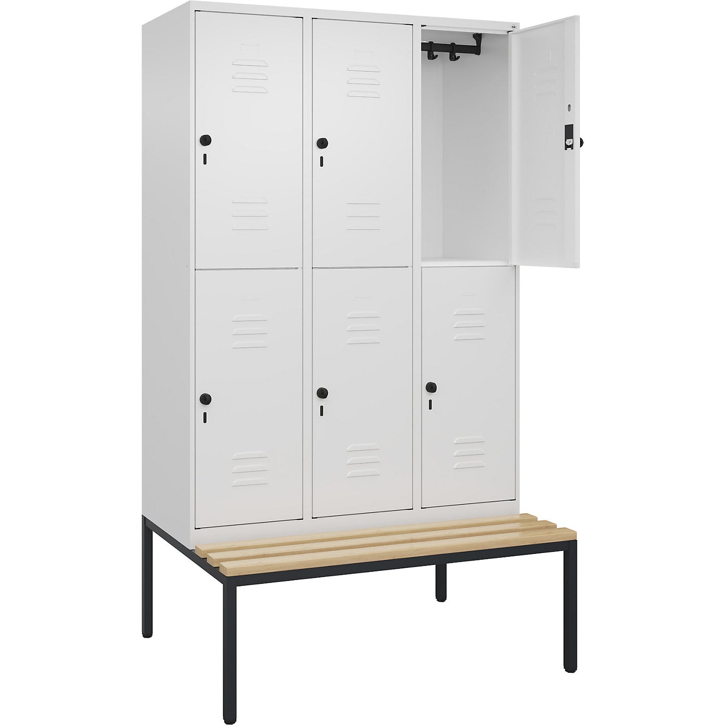 Classic PLUS bench seat double deck clothes locker, 3 compartments, traffic white, W 1200 mm, security rotary bolt, base frame, beech hardwood.