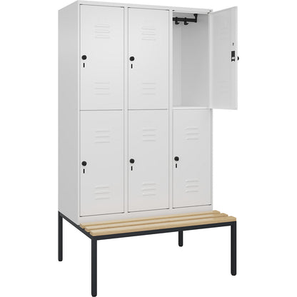 Classic PLUS bench seat double deck clothes locker, 3 compartments, traffic white, W 1200 mm, security rotary bolt, base frame, beech hardwood.