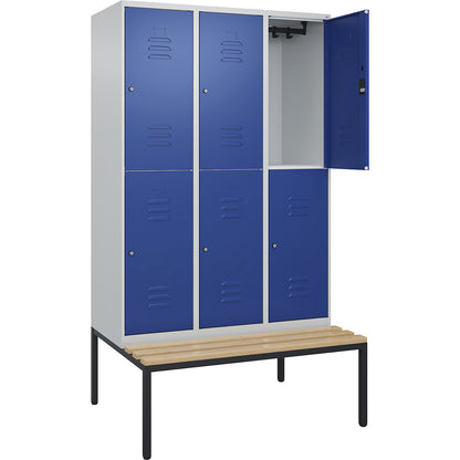Classic PLUS bench seat double deck clothes locker, 3 compartments, light grey/gentian blue, W 1200 mm, cylinder lock, base frame, beech hardwood.