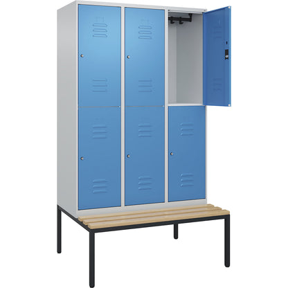 Classic PLUS bench seat double deck clothes locker, 3 compartments, light grey/light blue, W 1200 mm, cylinder lock, base frame, beech hardwood.