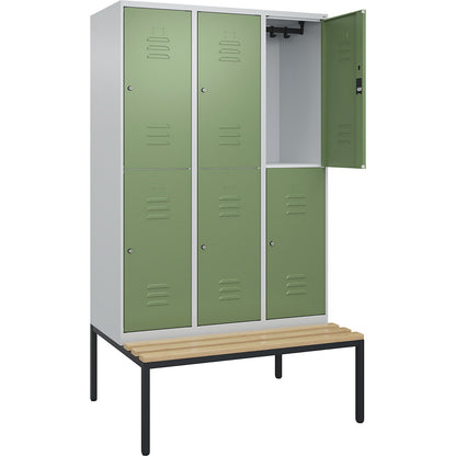 Classic PLUS bench seat double deck clothes locker, 3 compartments, light grey/reseda green, W 1200 mm, cylinder lock, base frame, beech hardwood.