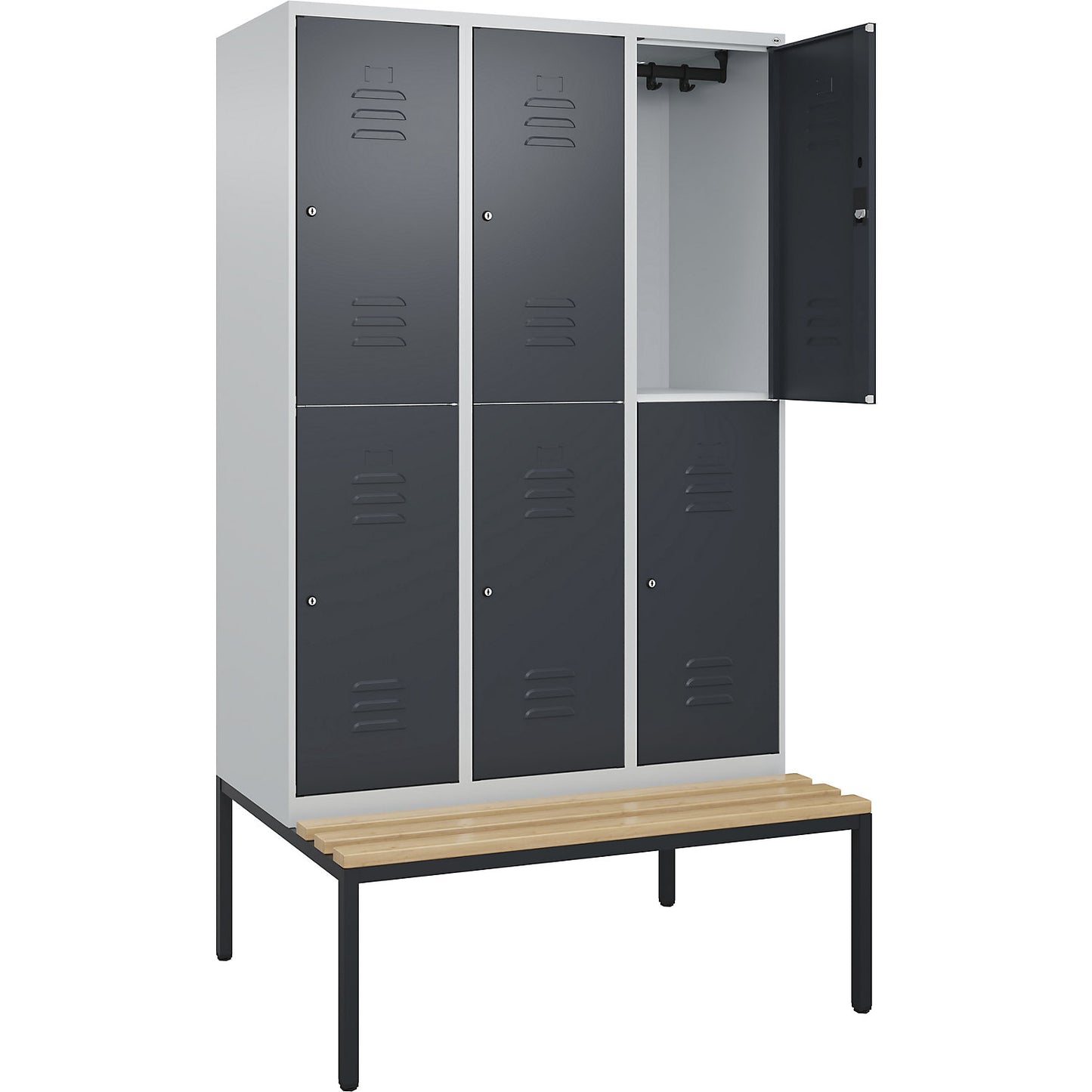 Classic PLUS bench seat double deck clothes locker, 3 compartments, light grey/grey, W 1200 mm, cylinder lock, base frame, beech hardwood.
