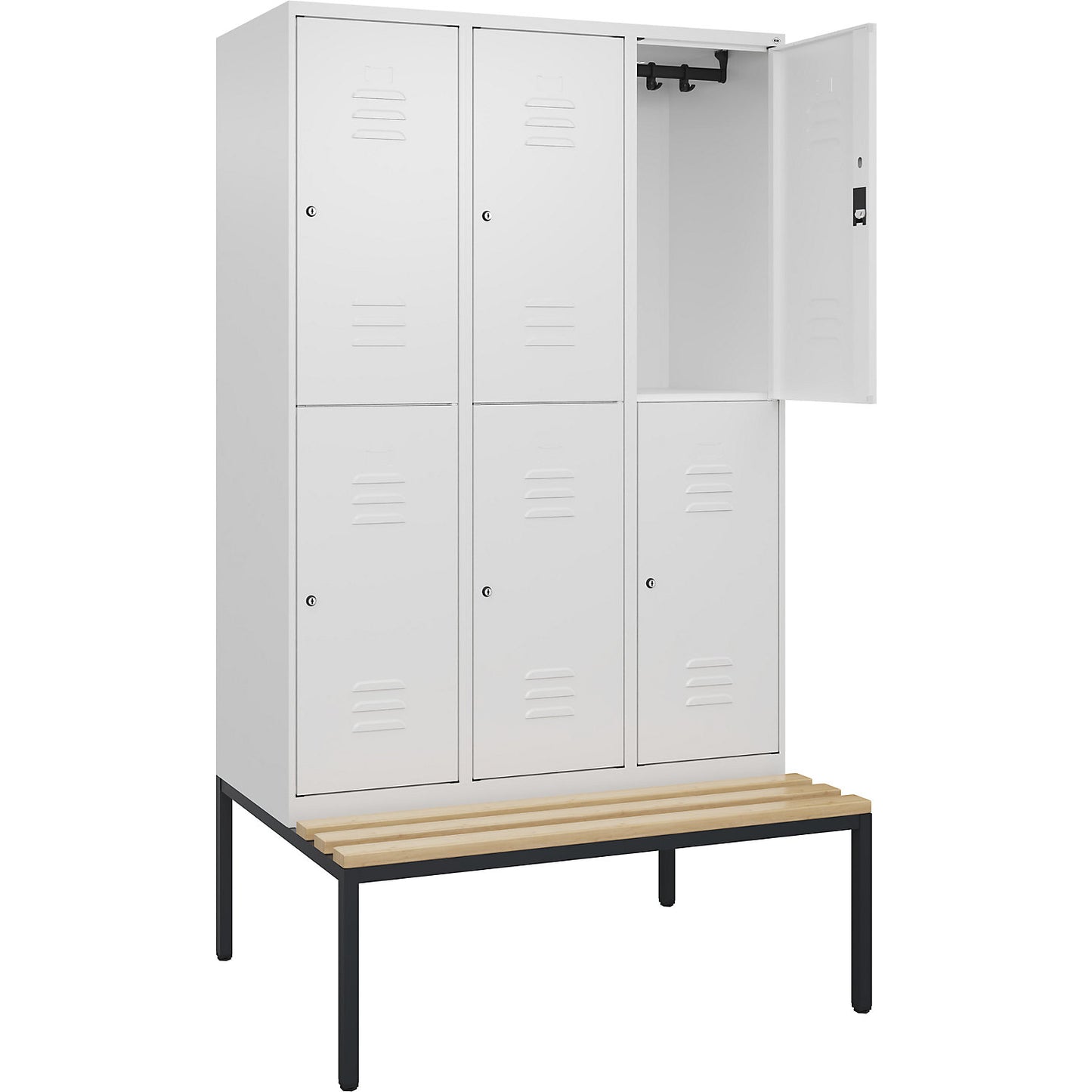 Classic PLUS bench seat double deck clothes locker, 3 compartments, traffic white, W 1200 mm, cylinder lock, base frame, beech hardwood.