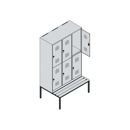 Classic PLUS bench seat double deck clothes locker, 3 compartments, grey, W 1200 mm, security rotary bolt, base frame, beech hardwood.
